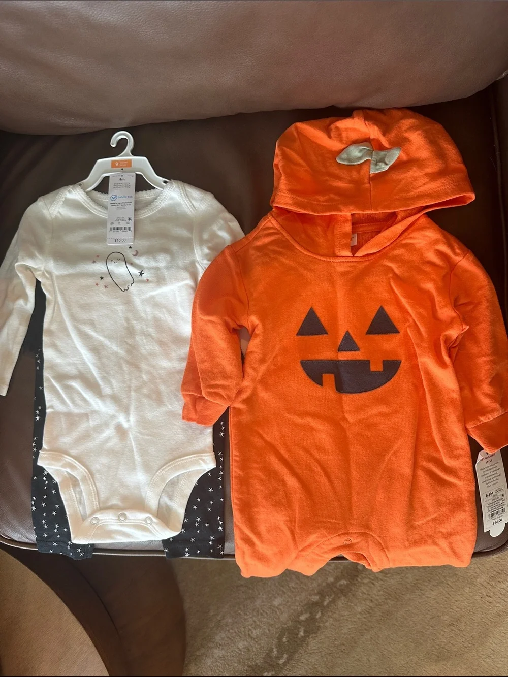 Carter's Orange Pumpkin Hooded Baby Romper & White Ghost Bodysuit Set